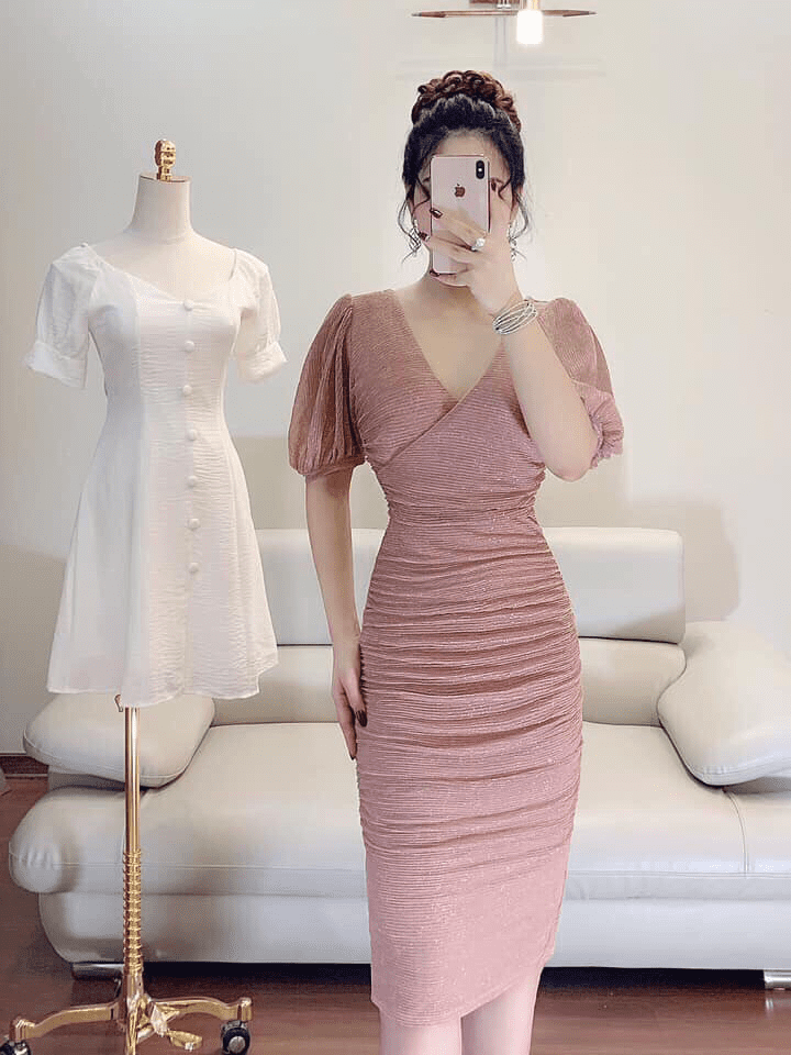 Đầm body đắp chéo hồng kim tuyến nhũ - Bán sỉ thời trang mỹ phẩm