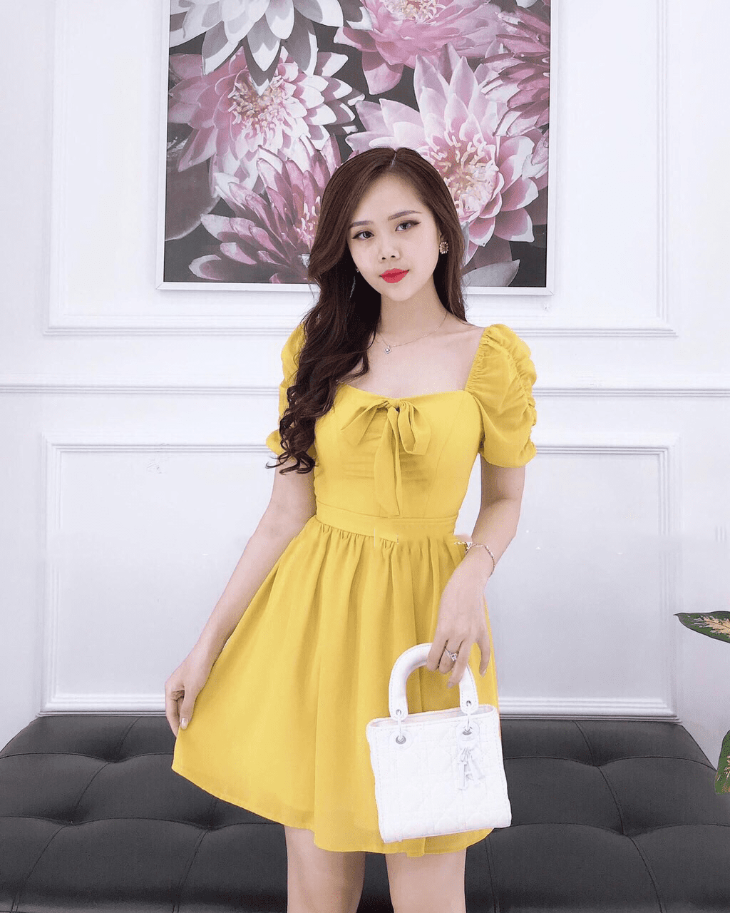 Đầm xòe bẹt vai thiết kế màu vàng nữ tính sang trọng - DN475