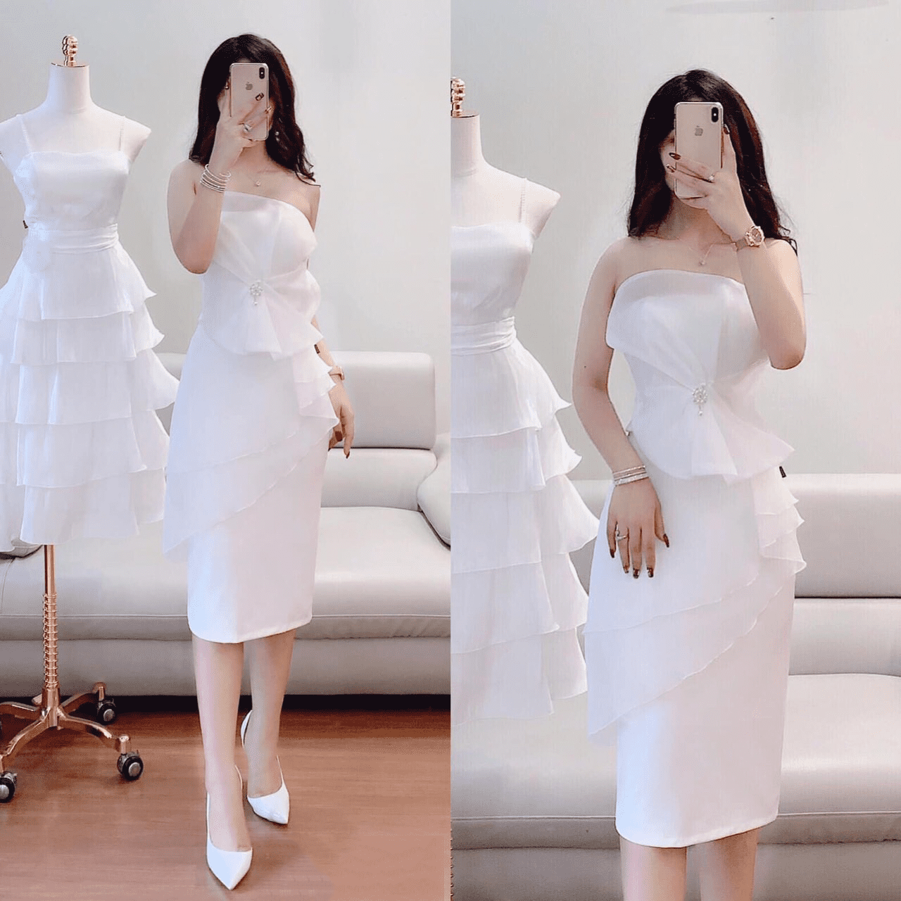 Đầm ôm body màu trắng đẹp đơn giản như Ngọc Trinh 764