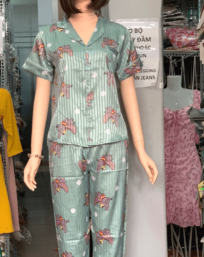 Đồ bộ nữ pijama tay ngắn quần dài in hình voi vải gấm
