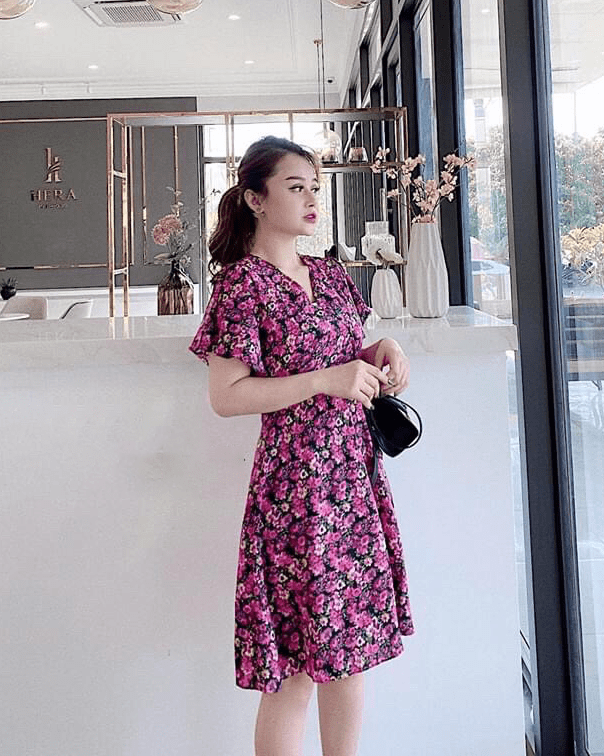 Mua HÀNG SẴN  Váy hoa nhí tay phồng cổ V nhẹ nhàng Hàn Quốc    L tại  Shop Yumi Điệu