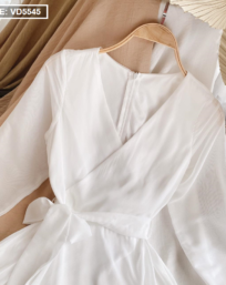 Đầm maxi trắng 2 dây phối nút hông eo
