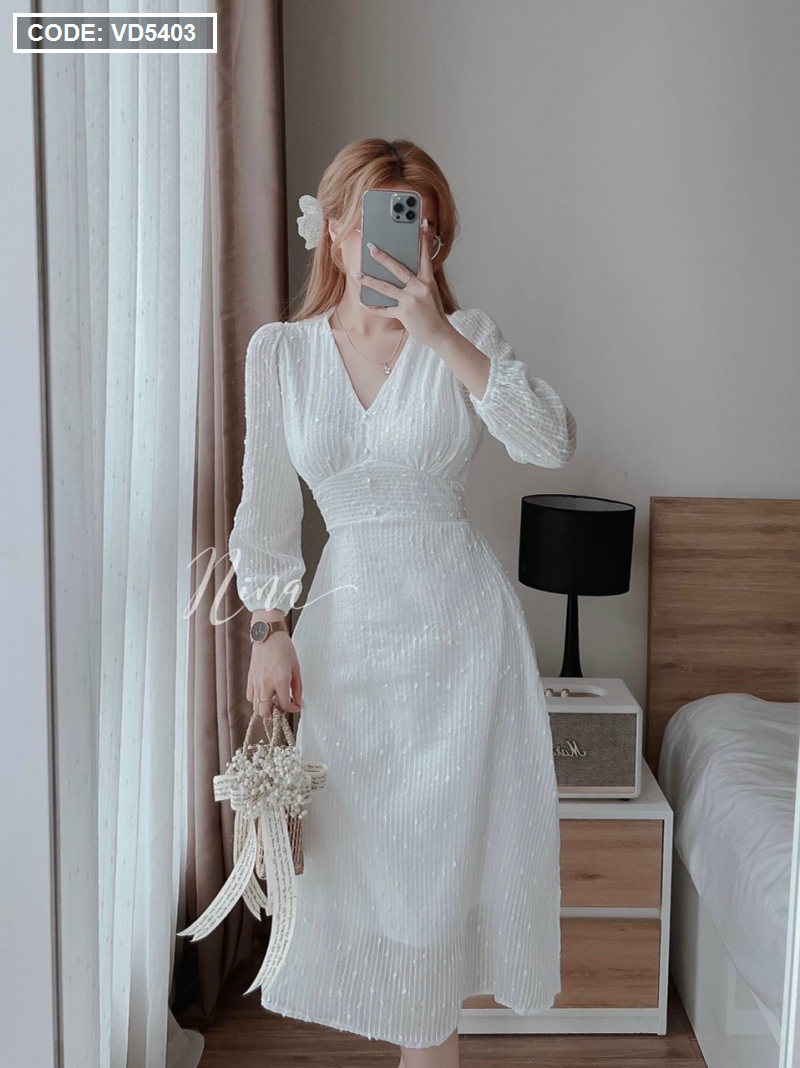Đầm trắng nữ tay dài nút ngọc vải kim tuyến - Bán sỉ thời trang mỹ ...
