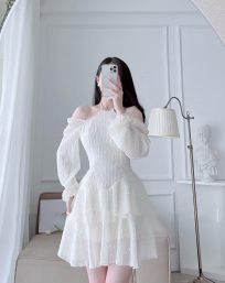 Đầm trắng ren bi cổ yếm tay rớt vai - VD5436