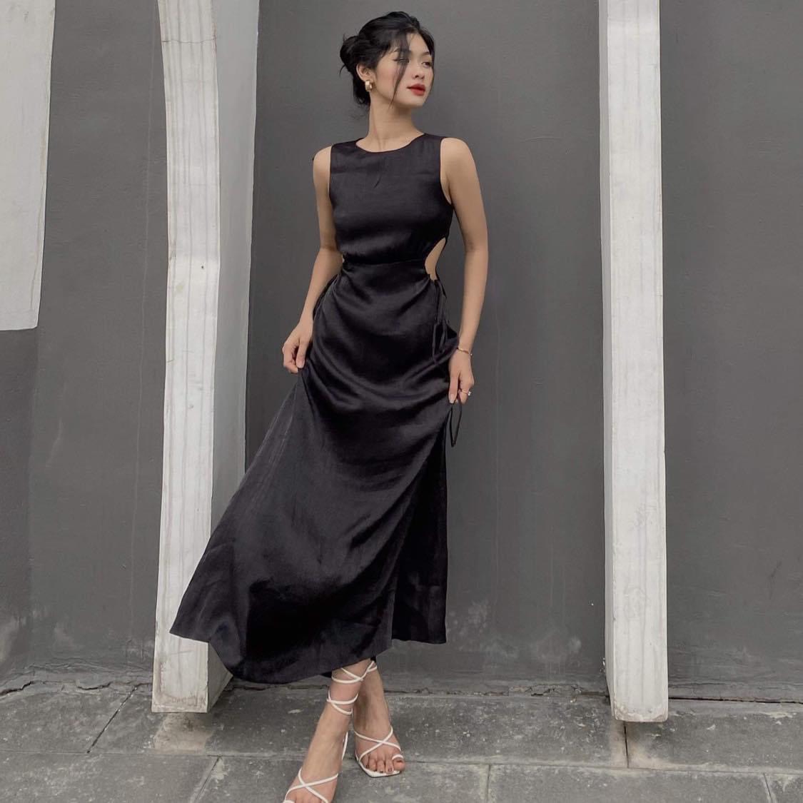 Đầm maxi lụa khoét eo màu đen - Bán sỉ thời trang mỹ phẩm