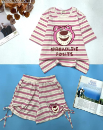 Đồ bộ thun nữ quần đùi sọc áo in hình gấu hồng - DBO1007