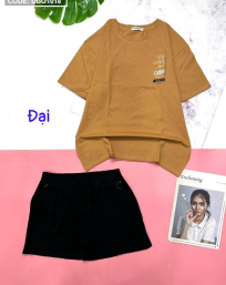 Đồ bộ thun nữ form rộng quần đùi áo thêu logo chữ - DBO1018