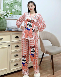 Đồ bộ pijama nữ mặc nhà tay dài cổ bèo in hình - DBO1126
