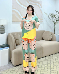 Đồ bộ pijama nữ quần dài áo cổ bẻ siêu mát in hoạt hình - DBO1240