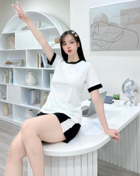 Đồ bộ thun nữ quần đùi áo ngắn tay trắng trơn phối viền - DBO1250
