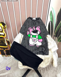 Đồ bộ quần lửng đen áo tay ngắn in hình gấu hồng - DBO2643