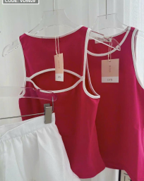 Sét áo hồng ba lỗ cutout lưng + chân váy trắng - VD5929