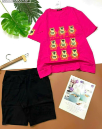 Đồ bộ quần ngố màu áo tay ngắn in hình 9 gấu hồng - DBO3130