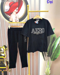 Đồ bộ quần dài đen áo tay ngắn in chữ form rộng - DBO3699