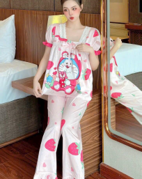 Đồ bộ pijama quần dài áo tay ngắn phồng cổ vuông họa tiết - DBO4009