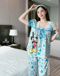 Đồ bộ pijama quần dài áo tay ngắn cổ vuông ren in họa tiết - DBO4337