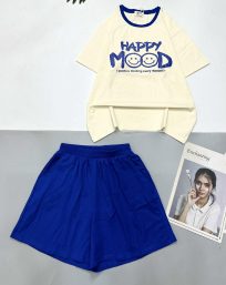 Đồ bộ quần đùi cùng màu viền cổ áo in chữ HAPPY MOOD - DBO4640