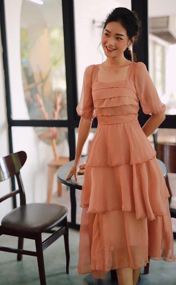 Đầm hồng voan xòe tầng tay phồng - Bán sỉ thời trang mỹ phẩm